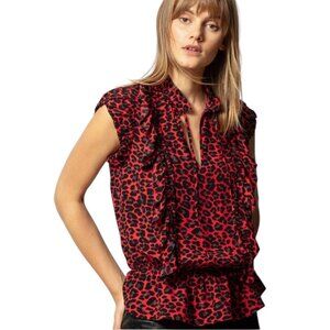 Zadig & Voltaire Tibo Blouse Red Leopard Ruffle Peplum Top Women's XS